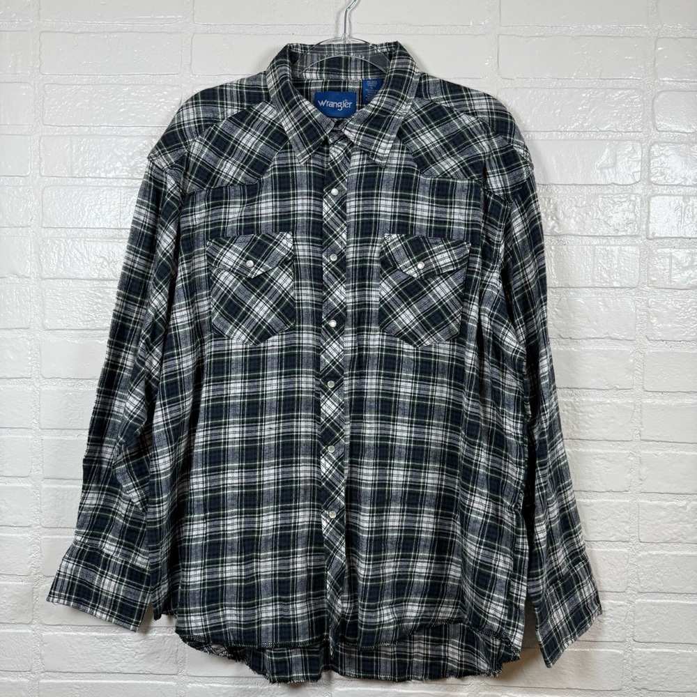 Wrangler Flannel Shirt Mens XL Black White Plaid Pearl Snap Western Cowboy Rodeo